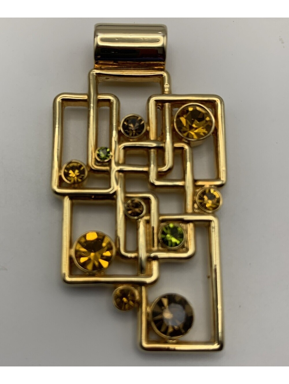 Lia Sophia Gold Tone Metal Pendant, Rectangles w Multicolor Yellow, Green Stones